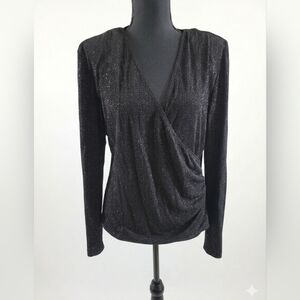 Black Sparkle Wrap-Style Long Sleeve Blouse